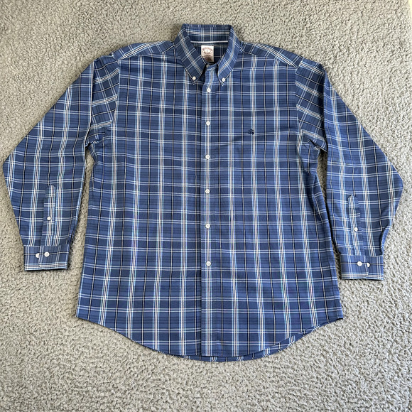 Brooks Brothers Madison Shirt Mens Large‎ Blue Plaid Button Up Logo Preppy - Picture 1 of 11